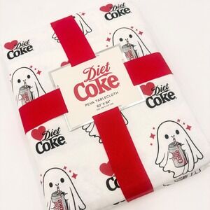 Diet Coke Halloween Ghost PEVA Tablecloth 60 x 84 Flannel Backed Red White
